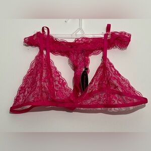 Avidlove Hot Pink Lace Lingerie Set NWT 14W Sheer Floral Bralette & Thong